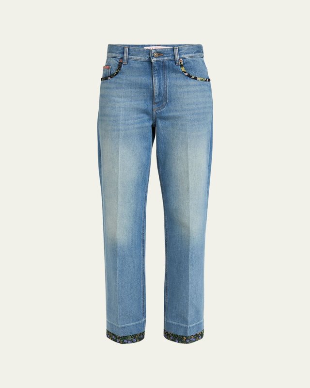 Floral-Print Trim Straight-Leg Denim Jeans